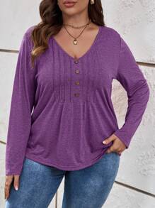 SHEIN LUNE Plus Size Women's Solid Color Button Design V-Neck Long Sleeve Casual T-Shirt - Purple - View 5