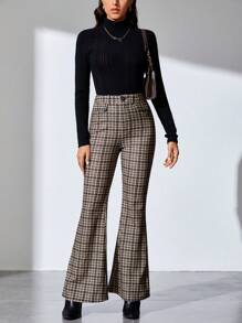 SHEIN Tall Plaid Print Flare Leg Pants - Khaki - View 4