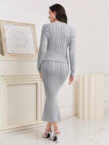 Modelyn Cable Knit Sweater & Mermaid Hem Knit Skirt - Light Grey - View 2