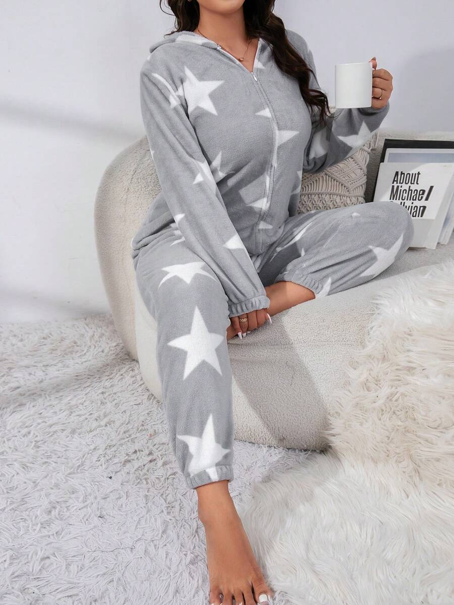 Talla grande Mameluco de dormir con estampado de estrella con capucha - Gris - Ver 1