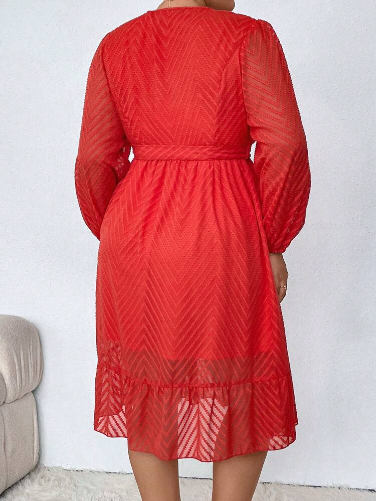 Plus Size Women's Casual Vacation Style Surplice Neck Lantern Sleeve Belted Dress, Spring/Summer/Autumn