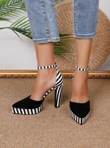 Chunky Heel Pointed Toe Color Block Waterproof Platform Hollow Out Pumps - Black and White - View 5