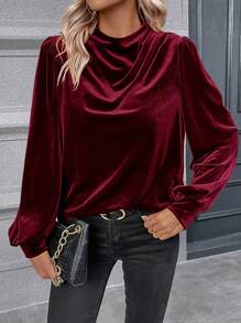 SHEIN Clasi 毛絨堆領燈籠袖天鵝絨襯衫 - 酒紅色 - 查看 4