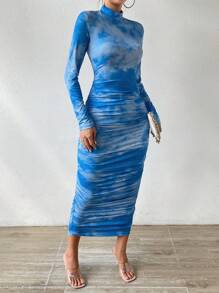 Chiquease Vestido ajustado de tie dye de cuello alto fruncido - Azul - Ver 6