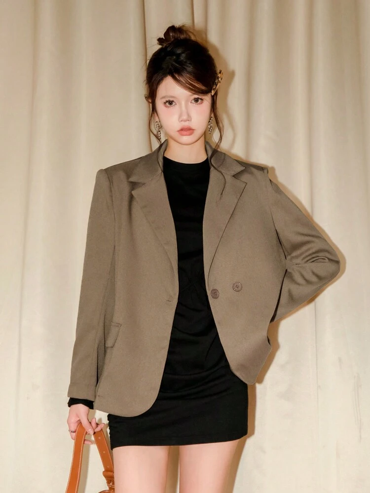 Solid Lapel Neck Single Button Blazer