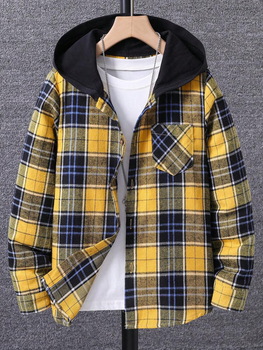 SHEIN Tween Boy Plaid Print Hooded Shirt Without Tee - Yellow - View 1