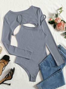 SHEIN BAE Ribbed Knit Super Crop Top & Cami Bodysuit - Dusty Blue - View 1