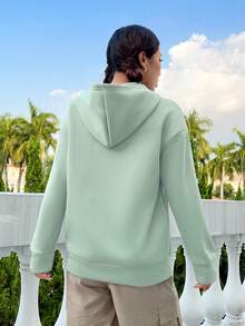 SHEIN Qutie Letter Graphic Kangaroo Pocket Drop Shoulder Hoodie - Green - View 2