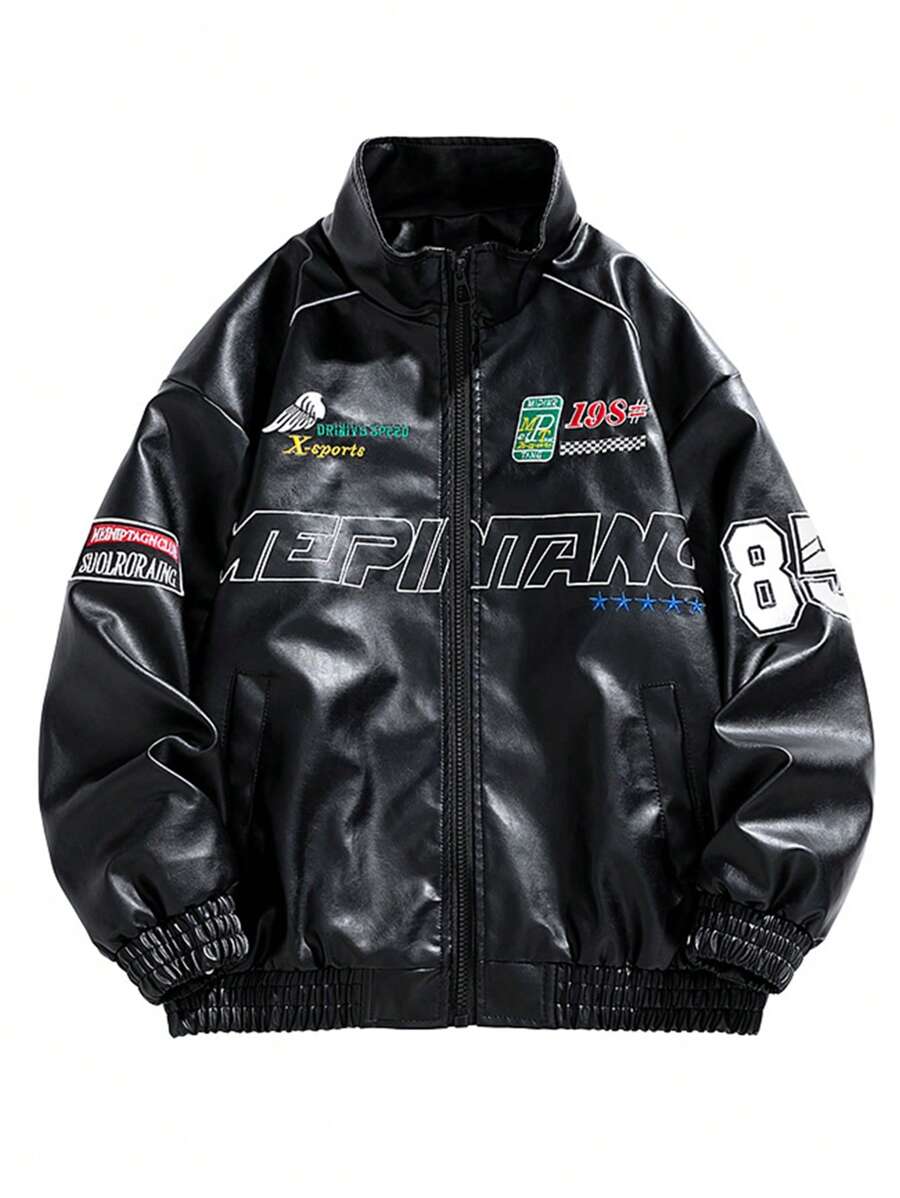 男士长袖PU皮革刺绣机车夹克，朋克风，秋冬款 - 黑色 - 查看 1