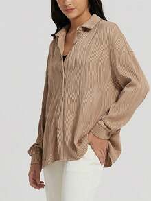 Textured Drop Shoulder Shirt - Khaki - View 3
