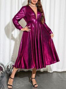 Allurite Plus Plunging Neck Metallic Dress - Purple - View 4