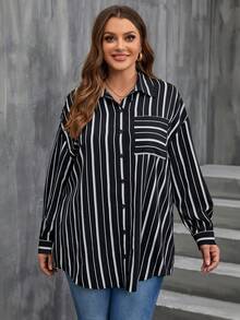 SHEIN LUNE Camisa De Bolsillo Con Rayas De Talla Grande Y Parche - Blanco y Negro - Ver 4