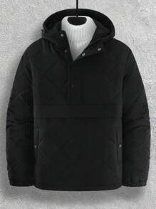 Manfinity Homme 1pc Solid Color Quilted Loose Fit Hooded Coat For Men - Black - View 1
