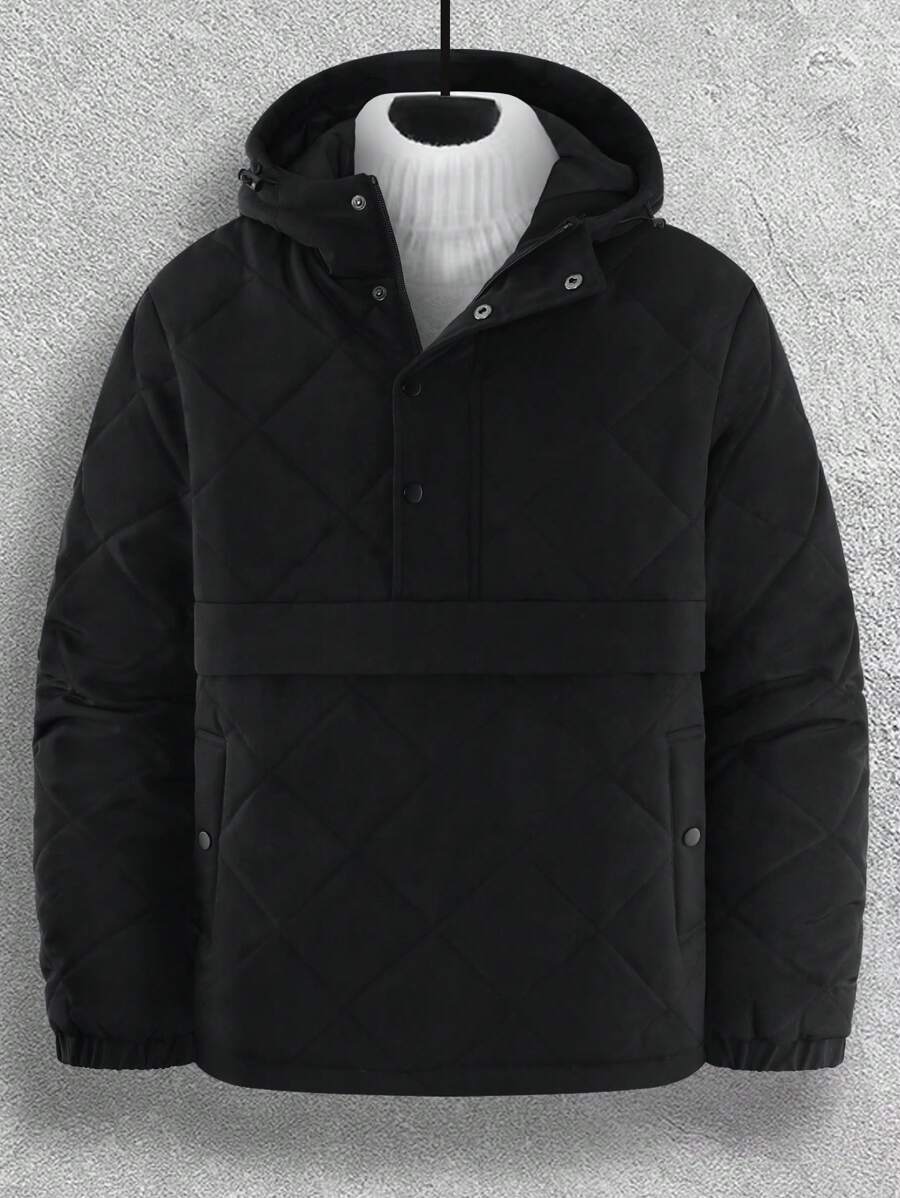 Manfinity Homme 1pc Solid Color Quilted Loose Fit Hooded Coat For Men - Black - View 1