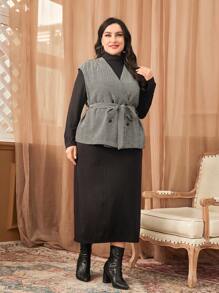 Mulvari Plus Funnel Neck Rib-Knit Dress & Self Belted Double Breasted Vest Coat 2 Piece Set Fall Cloth For Women - Black - View 4