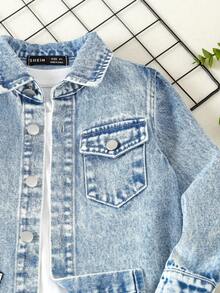 男小童恐龍印花翻蓋口袋牛仔襯衫不帶T恤 - 中等水洗藍 - 查看 6