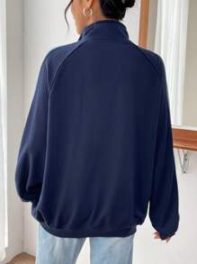 SHEIN EZwear Letter Patched Detail Contrast Side Seam Raglan Sleeve Sweatshirt - Navy Blue - View 2