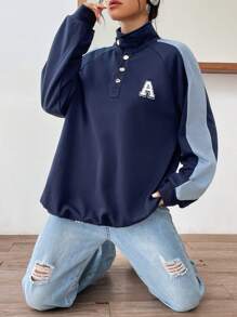 SHEIN EZwear Letter Patched Detail Contrast Side Seam Raglan Sleeve Sweatshirt - Navy Blue - View 3