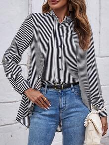 SHEIN LUNE In sọc Thả vai Hem cao thấp Áo sơ mi - Đen và trắng - Xem 6