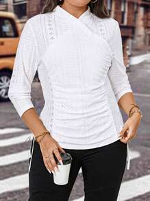 SHEIN Essnce 休閒抽繩 網眼刺繡純色大碼T恤 - 白色 - 查看 1