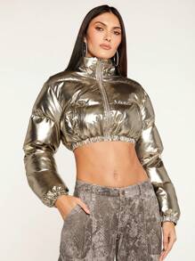 SHEIN BAE Christmas Zip Up Crop Metallic Padded Coat - Khaki - View 1