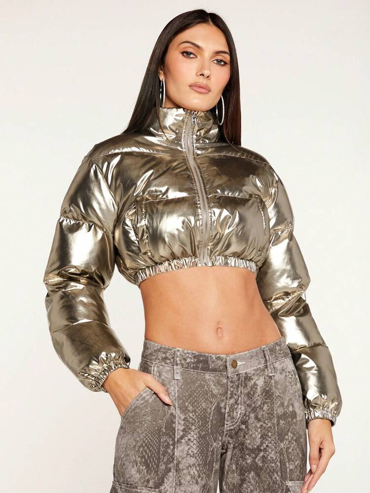 Christmas Zip Up Crop Metallic Padded Coat