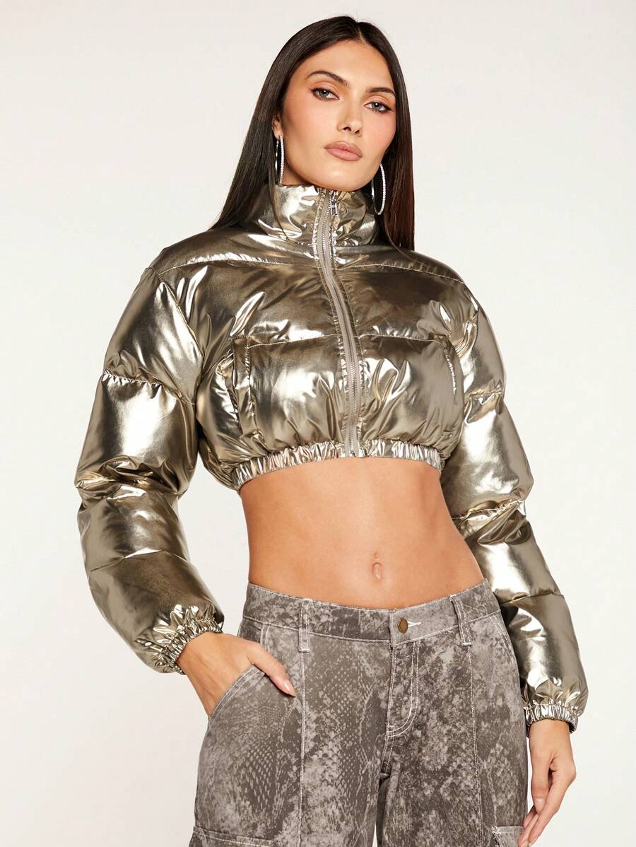 SHEIN BAE Christmas Zip Up Crop Metallic Padded Coat - Khaki - View 1