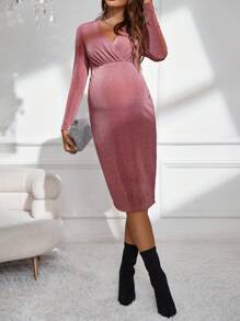 SHEIN Maternity Surplice Neck Bodycon Dress - Pink - View 1