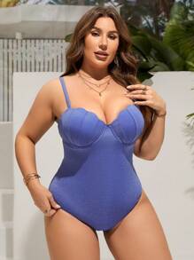 SHEIN Swim Curve Plus Scallop Trim Push Up One Piece Swimsuit - Blue - View 1
