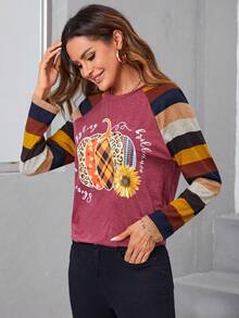 EMERY ROSE Halloween Pumpkin & Slogan Graphic Raglan Sleeve Tee - Burgundy - View 5