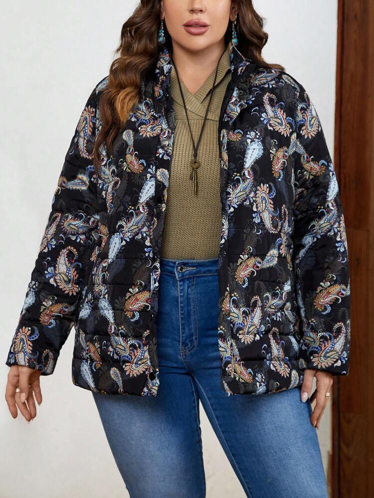 Plus Size Paisley Print Zip Up Padded Coat