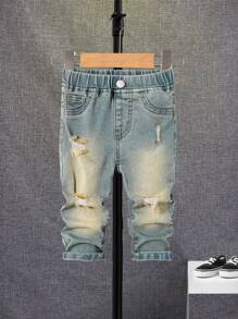 SHEIN 男嬰破洞抽鬚漂白水洗牛仔褲 - 中等水洗藍 - 查看 1