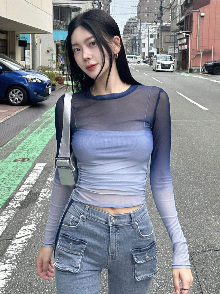 DAZY Ombre Ruched Mesh Top Without Tube Top Going Out Tops Festival Sheer Long Sleeve Women Tops Crop Women Tops - Blue - View 1