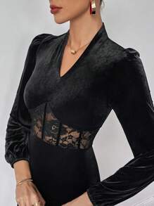 SHEIN Privé Vestido con encaje en contraste de manga farol de terciopelo