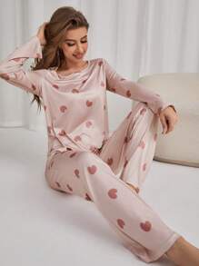 Conjunto de pijama con estampado de corazón (Camiseta y Pantalones), Ropa de otoño e invierno - Rosa Pálido - Ver 8