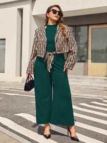 SHEIN Privé Plus Letter Graphic Jacket & Belted Wide Leg Jumpsuit