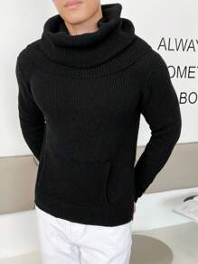 Manfinity RebelGame 男士素色堆堆領條紋針織套頭毛衣 - 黑色 - 查看 3