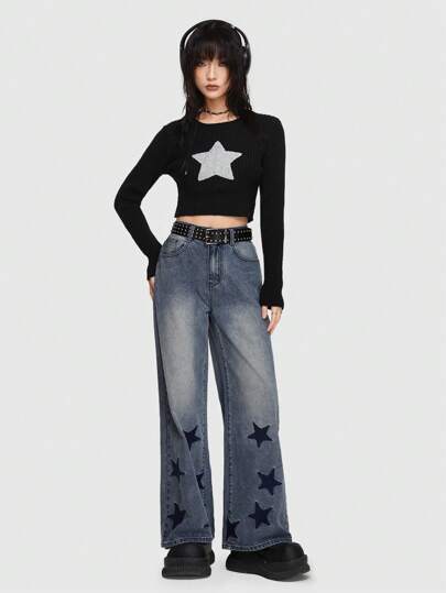 Grunge Punk Pantalon En Denim À Motif Étoilé