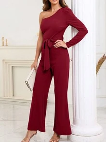 One Shoulder Belted Wide Leg Jumpsuit - Red - View 3