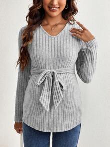 SHEIN Áo thun dệt kim gân có thắt lưng viền cong cho bà bầu, tay dài - Màu Xám nhạt - Xem 3