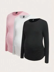 SHEIN 孕婦3入組素色側收褶T恤 - 彩色 - 查看 1