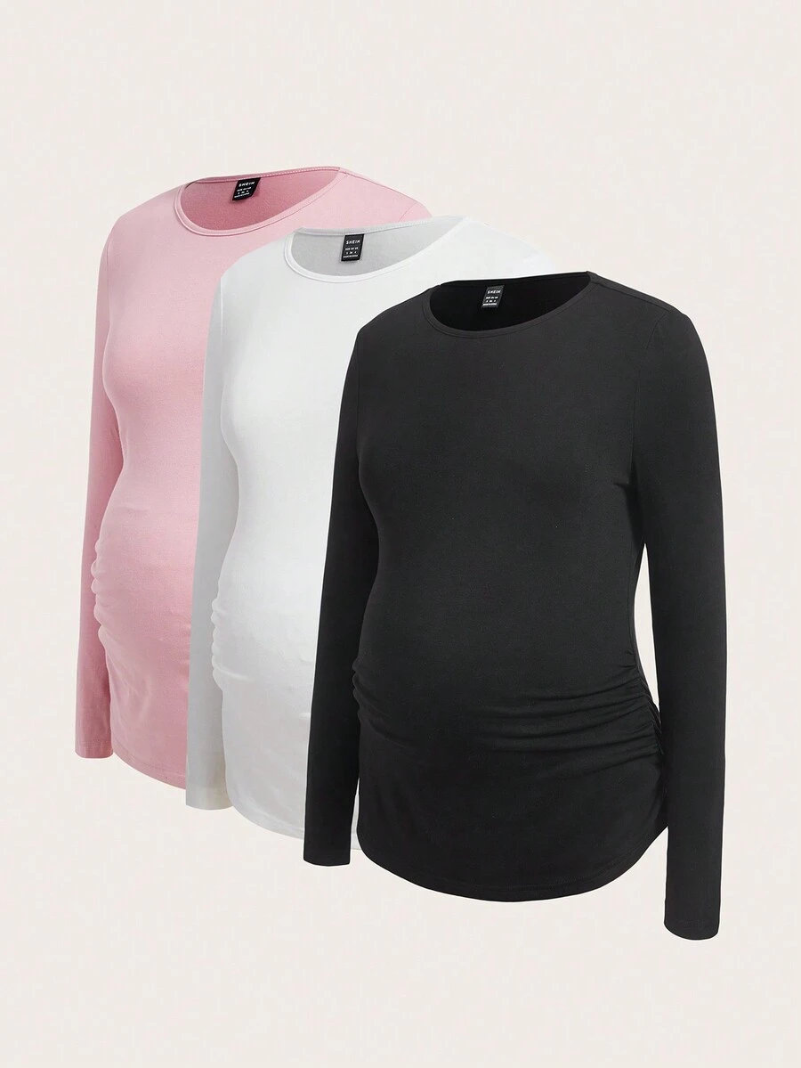 SHEIN 孕婦3入組素色側收褶T恤 - 彩色 - 查看 1
