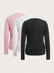 SHEIN 孕婦3入組素色側收褶T恤 - 彩色 - 查看 2