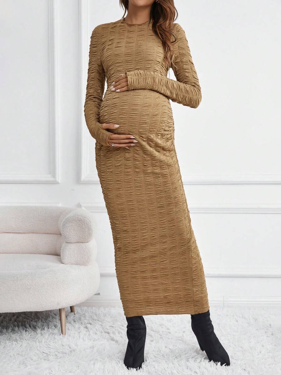 SHEIN Maternity Solid Bodycon Dress - Khaki - View 1