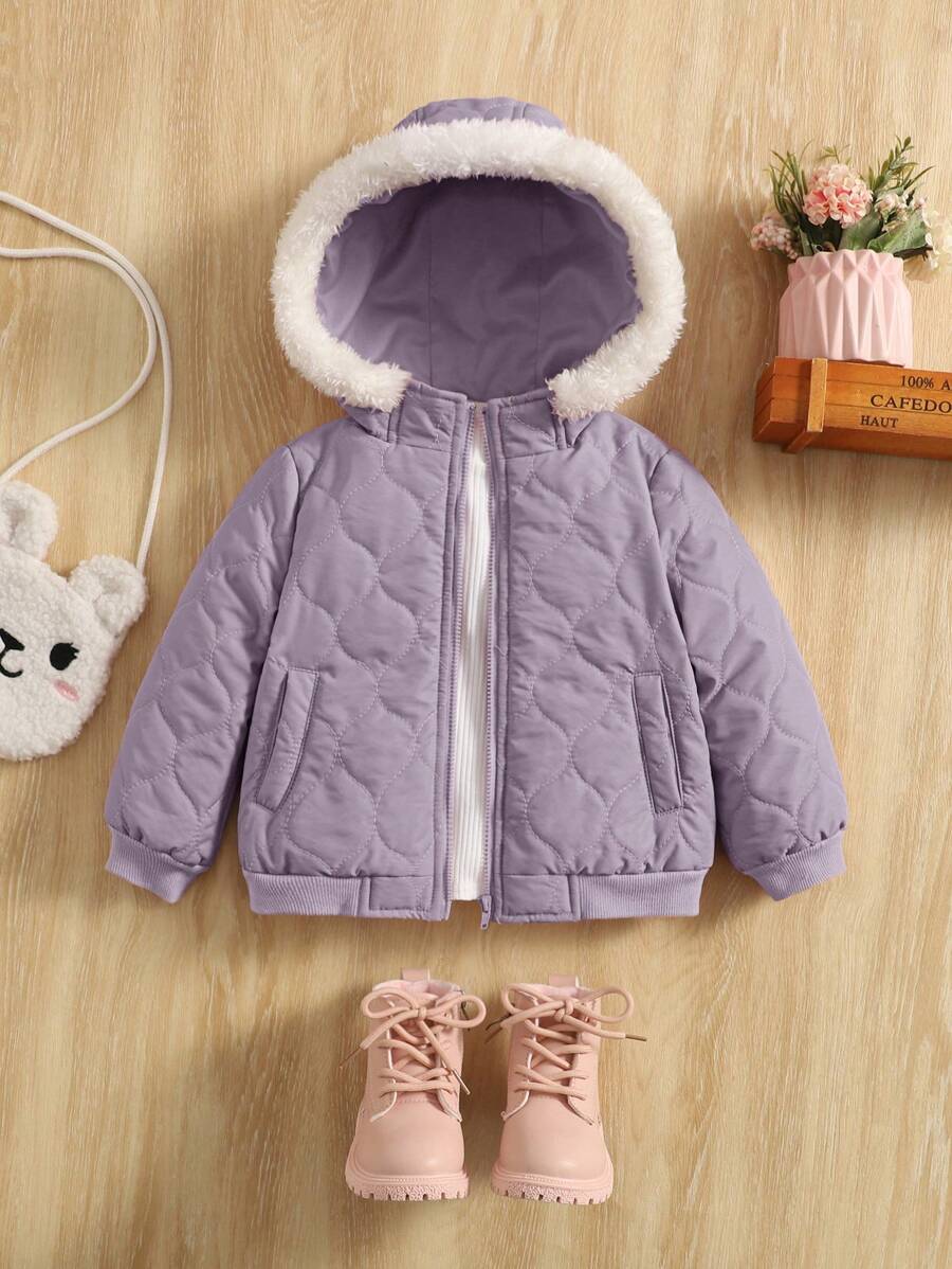 SHEIN Baby Girl Fuzzy Trim Hooded Quilted Jacket - Purple - View 1