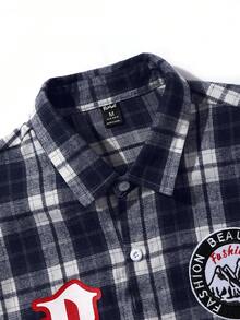 ROMWE MEN Street Life Men Slogan And Plaid Print 2 In 1 Long Sleeve Shirt - Blue - View 4