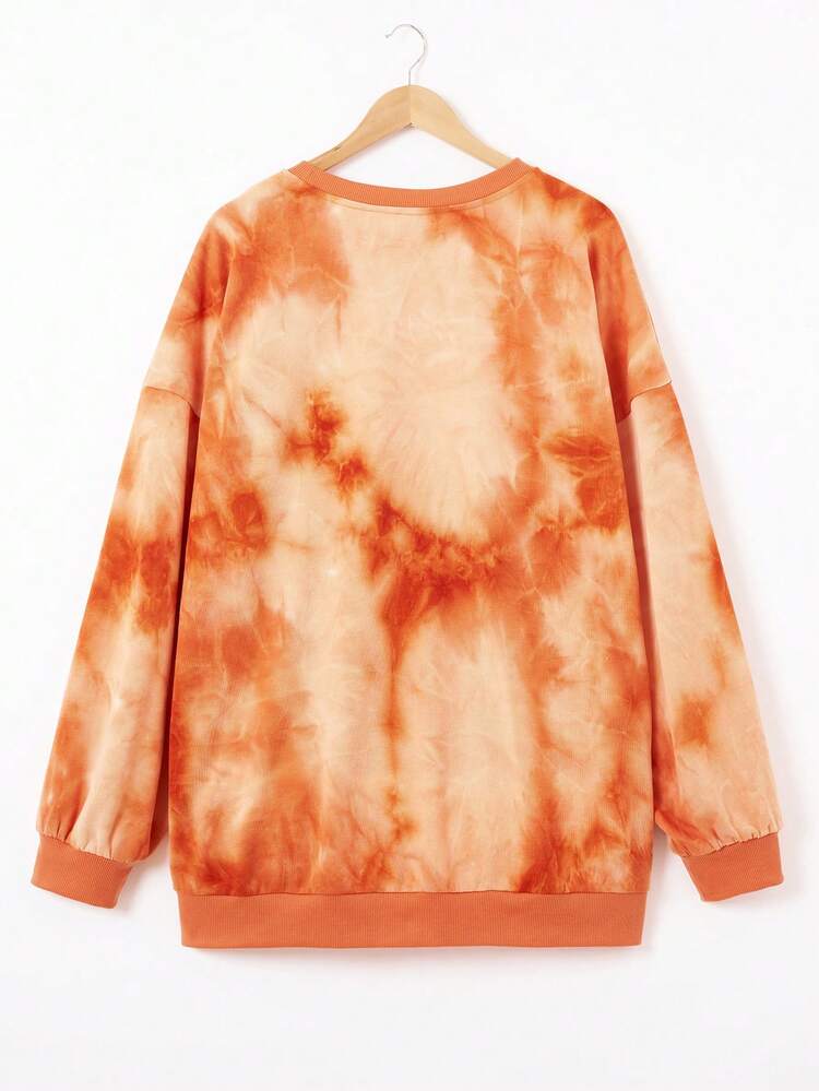 Plus Tie Dye Slogan & Figure Graphic Drop Shoulder Sweatshirt