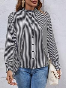 SHEIN LUNE In sọc Thả vai Hem cao thấp Áo sơ mi - Đen và trắng - Xem 3