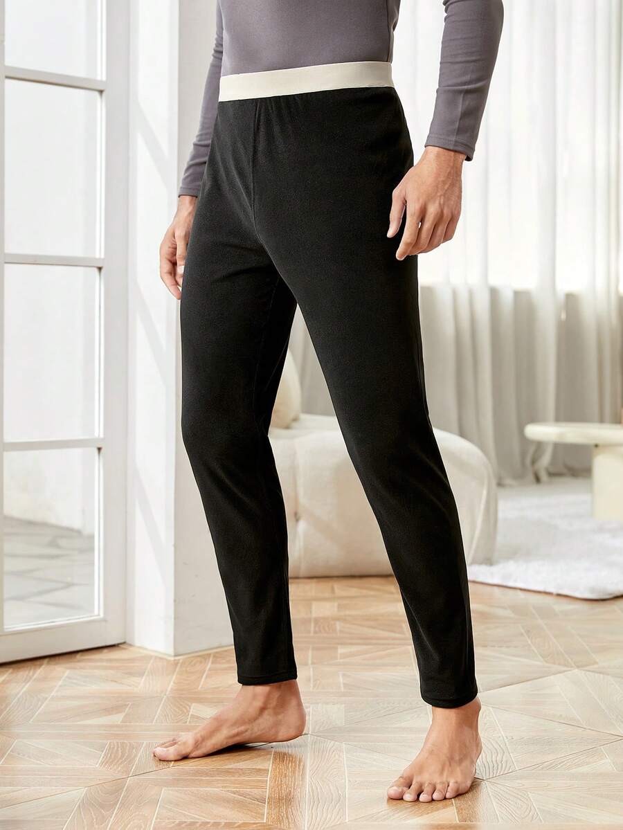 男士拼接腰帶腰保暖內衣長褲 - 黑色 - 查看 1