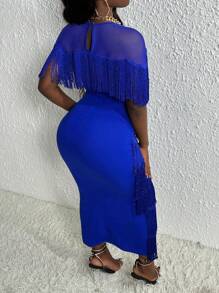Slaydiva Fringe Trim Mesh Yoke Dress - Royal Blue - View 2